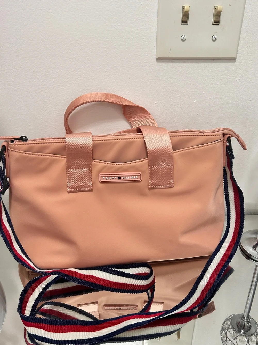 Tommy Hilfiger Pink Nylon Crossbody Tote Bag Stripe Strap Everyday Purse